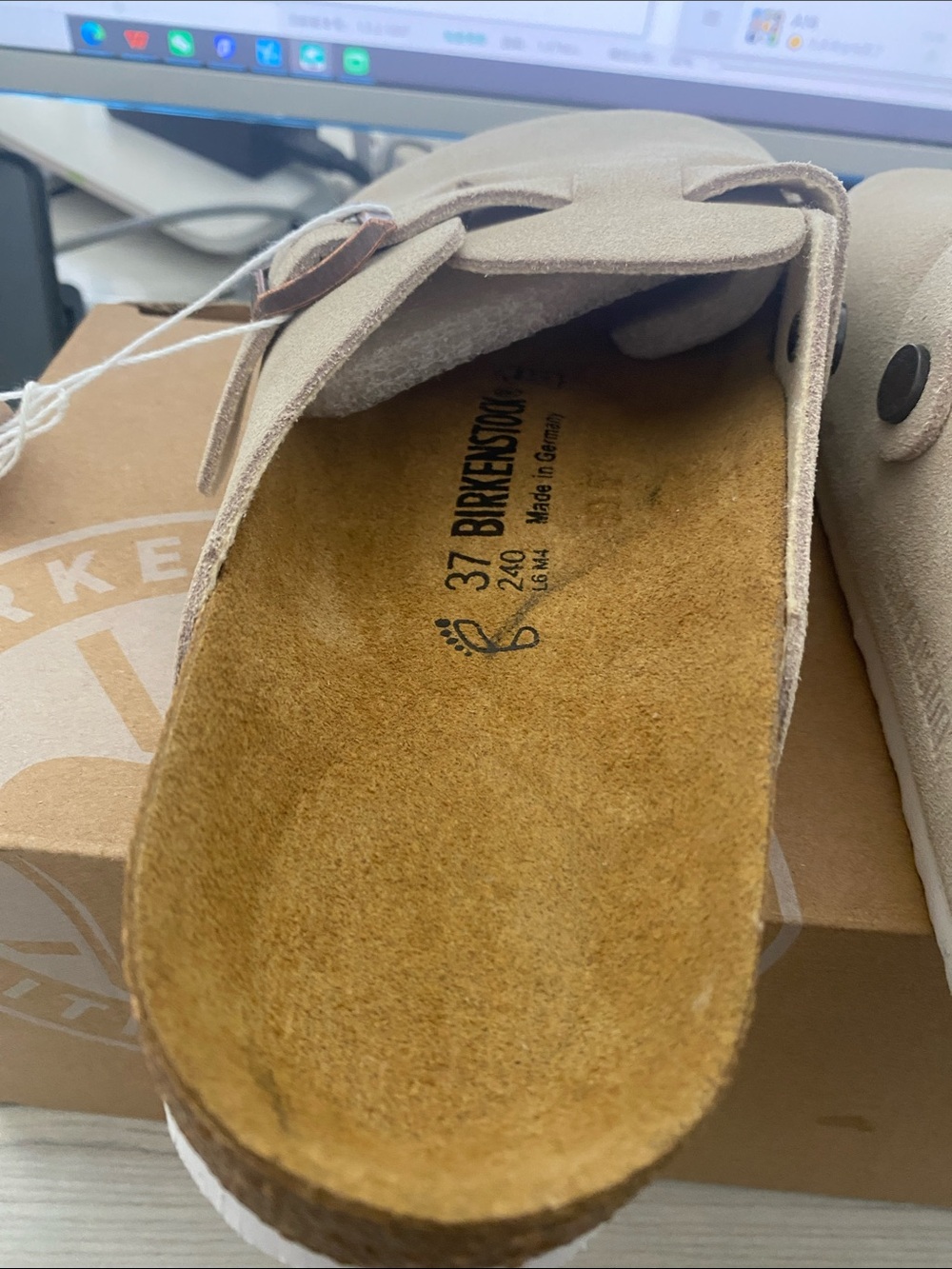Birkenstock Beige Suede Clogs with Rose Gold Buckles - Picture 6 of 8